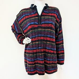 90s Y2K Men's Black & Multi Color Striped Rib Knit Zip Neck Sweater